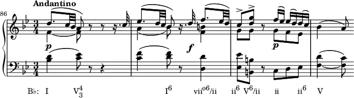 {
#(set-global-staff-size 15)
\override Score.SpacingSpanner.uniform-stretching = ##t
\set Score.proportionalNotationDuration = #(ly:make-moment 1/8)
\new PianoStaff <<
\new Staff <<
\new Voice \relative c'' {
\override DynamicLineSpanner.staff-padding = #4
\set Score.currentBarNumber = #86
\bar ""
\tempo "Andantino"
\key bes \major \time 3/4
\stemUp
d8.^( c32 bes a8) r r r16. c32
es8.^( d32 c bes8) r16. d32\f f8.^( es32 d)
c8^> <d g>^> r8 f16^( es) es^( d) d^( c)
\stemNeutral bes4( a8)
}
\new Voice \relative c' {
\stemDown
f4_~\p f8 s s4
a4_( bes8) s <f b>4
g8 g s g\p f es
}
>>
\new Staff <<
\new Voice \relative c' {
\clef F \key bes \major \time 3/4
<bes d>4(_\markup { \concat { \translate #'(-5.5 . 0) { "B♭: I" \hspace #7 "V" \combine \raise #1 \small 4 \lower #1 \small 3 \hspace #23 "I" \raise #1 \small "6" \hspace #6 "vii" \raise #1 \small "o6" "/ii" \hspace #4 "ii" \raise #1 \small "6" \hspace #1 "V" \raise #1 \small "6" "/ii" \hspace #4 "ii" \hspace #5.2 "ii" \raise #1 \small "6" \hspace #3 "V" } } }
<c es>8) r r4
<c f>4( <d f>8) r <d, d'>4
<es es'>8 <b b'> r c d es
<f_~ d'>4( <f c'>8)
}
>>
>> }