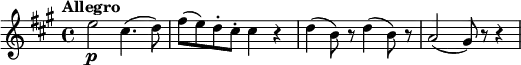 \new Score {
\new Staff = "clarinet" {
\transpose c a
\relative c'' {
\set Staff.midiInstrument = #"clarinet"
\clef treble
\key c \major
\time 4/4
\tempo "Allegro"
\set Score.tempoHideNote = ##t
\tempo 4 = 120
g2\p e4.( f8) | a8( g) f-. e-. e4 r |
f4( d8) r f4( d8) r | c2( b8) r r4
}
}
}