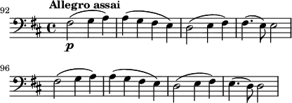\layout {
indent = 0
ragged-right = ##t
}
\new Score {
#(set-default-paper-size "b6")
\new Staff {
\relative c, {
\set Staff.midiInstrument = #"cello"
\set Score.currentBarNumber = #92
\time 4/4
\key d \major
\clef "bass_8"
\omit Staff.ClefModifier
\tempo 2 = 60
\omit Score.MetronomeMark
\bar ""
fis2\p^\markup { \halign #-0.5 \bold "Allegro assai" }( g4 a) | a4( g fis e) | d2( e4 fis) | fis4.( e8) e2 | \break
fis2( g4 a) | a4( g fis e) | d2( e4 fis) | e4.( d8) d2
}
}
}