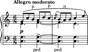 
    {
      \new PianoStaff <<
        \new Staff <<

            \new Voice \relative c'' {
                \tempo "Allegro moderato"
                \clef treble \key c \major \time 6/8
                \voiceOne g8( c b^\markup { p } a d c^\markup { p } \acciaccatura { c } b a^\markup { n } b c4 e8)
                }
            \new Voice \relative c' {
                \voiceTwo e4.\p f~ f e
                }
            >>
        \new Staff <<
            \relative c {
                \clef bass \key c \major \time 6/8
                <c g'>4. <c g'>~->_\markup { \center-align { ped } } <c g'>_\markup { \center-align { ped } } <c g'>
                }
            >>
    >> }
