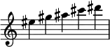 \relative c'' {
\time 5/4
\omit Score.TimeSignature
eis gis ais cis dis
}