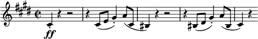 \relative c' {
\key cis \minor \time 2/2
\set Score.tempoHideNote = ##t \tempo 2 = 132
\set Staff.midiInstrument = "violin"
cis4-.\ff r4 r2 |
r4 cis8(e gis4-.) a8(cis, |
bis4) r4 r2 |
r4 bis8(dis gis4-.) a8(bis, |
cis4) r4
}