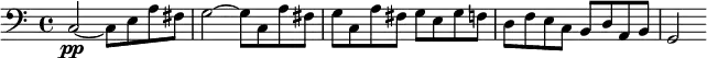 \language "english"
\relative c
{\clef bass
    \pp c2~ c8 e8 a8 fs8
    g2~ g8 c, a' fs
    g8 c, a' fs g8 e g f
    d f e c b d a b
    g2
}