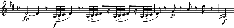 
\relative c' {
  \set Staff.midiInstrument = #"string ensemble 1"
  \set Score.tempoHideNote = ##t \tempo 4 = 60
  \override Score.NonMusicalPaperColumn #'line-break-permission = ##f
  \key d \major
  \tempo "Adagio"
  \override TupletBracket #'direction = #-1
  \override TupletBracket #'stencil = ##f
  d2~\fp d4 r8. \times 2/3 { a32\f( b cis } |
  d4) r8. \times 2/3 { a32( b cis } d8)[ r16 \times 2/3 { a32( b cis] } d8)[ r16
    \times 2/3 { a32( b cis] } |
  d8) r fis\p r a r d r |
  ais,2\f
}

