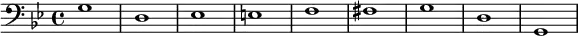 
   {
        \new Staff <<
            \new Voice \relative c' {
                \stemDown \clef bass \key g \minor \time 4/4 \tempo 1 = 60 \set Score.tempoHideNote = ##t
                g1 d es e f fis g d g,
                }
            >>
     }
