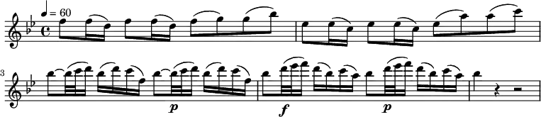 \relative c'' {
\set Staff.midiInstrument = #"flute"
\tempo 4 = 60
\clef "treble"
\time 4/4
\key bes \major
f8 f16( d) f8 f16( d) f8( g) g( bes)
| es,8 es16( c) es8 es16( c) es8( a) a( c)
| bes8~ bes32( c d16) bes( d) c( f,) bes8~ bes32\p( c d16) bes( d) c( f,)
| bes8 d32\f( es f16) d( bes) c( a) bes8 d32\p( es f16) d( bes) c( a)
| bes4 r r2
}