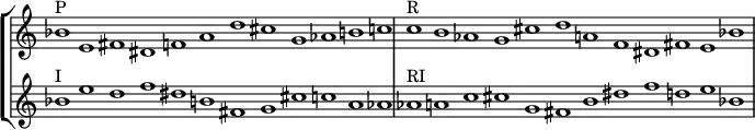{
#(set-global-staff-size 17)
\override Score.TimeSignature
#'stencil = ##f
\override Score.SpacingSpanner.strict-note-spacing = ##t
\set Score.proportionalNotationDuration = #(ly:make-moment 3/1)
\new StaffGroup <<
\new Staff
\relative c'' {
\time 12/1
bes1^\markup { P } e, fis dis f a d cis g aes b c
c^\markup { R } b aes g cis d a f dis fis e bes'
}
\new Staff {
\relative c'' {
bes1^\markup { I } e d f dis b fis g cis c a aes
aes^\markup { RI } a c cis g fis b dis f d e bes
} }
>>
}