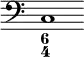 { \override Score.TimeSignature #'stencil = ##f \time 6/4 \clef bass << { c1 } \figures { < 6 4 >1 } >> }