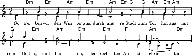 
\header {tagline = ##f }
\layout { indent = 0 \set Score.tempoHideNote = ##t \context { \Score \remove "Bar_number_engraver" } }

global = { \key d \dorian \time 6/4 \partial 4 }

kords = \chordmode { \set Staff.midiInstrument = "acoustic guitar (nylon)"
  \global % \set chordChanges = ##t
  s4 | d,2.:m\ppp e,:m | a,:m d,:m
  a,2:m e,4:m c,2 g,4 |
  a,2:m e,4:m a,2.:m |
  g, e,:m | a,:m d,:m |
  d,:m f, | a,:m d,2:m \bar "|."
}
% Alternative chords:
kordsxx = \chordmode { \set Staff.midiInstrument = "acoustic guitar (nylon)"
  \global \set chordChanges = ##t
  s4 | d,2.:m\pp g, | d,:m d,:m
  d,:m c, | f, d,:m |
  g, e,:m | a,:m d,:m |
  f, d,:m | a,:m d,2:m \bar "|."
}

sopranoVoice = \relative c' { \global
  d4 | a'2 a4 g2 g4 | a2 a4 d,2
  d4 | a'2 g4 c2 b4 | a2 g4 a2
  a4 | d2 d4 b2 b4 | c2. a2
  d,4 f2 g4 a2 g4 | f4 (e2) d2 \bar "|."
}

altoVoice = \relative c' { \global
  d4 | f2 d4 e2 c4 | f2 e4 d2
  c4 |b2 d4 e2 g4 | f2 e4 d2
  e4 | f2 d4 g2 e4 | a2 (g4)f2
  f4 | d2 c4 f2 c4 | d4 (a \tempo 2. = 48 b8 c) \tempo 2. = 33 d2 \bar "|."
}

verse = \lyricmode {
  So trei -- ben wir den Win -- ter aus,
  durch uns -- re Stadt zum Tor hin -- aus,
  mit sein' Be -- trug und Lis -- ten,
  den rech -- ten An -- ti -- chris -- ten.
  
}

\score {
  <<
    \new ChordNames \kords
    \new Staff \with { midiInstrument = "clarinet" }
    <<
      \new Voice = "soprano" { \voiceOne \sopranoVoice }
      \new Voice { \voiceTwo \altoVoice }
    >>
    \new Lyrics \lyricsto "soprano" \verse
  >>
  \layout { }
  \midi {
    \tempo 2.=69
  }
}
