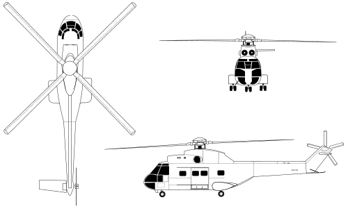Orthographically projected diagram of the SA330 Puma Line Drawing