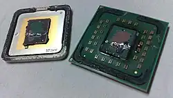 AMD Athlon 64 X2 6000+ (ADA6000IAA6CZ, Windsor), having its heat spreader removed (known as decapping or delidding). This particular CPU core is soldered to the heat spreader, causing the CPU to be destroyed during the removal or making removal more difficult.