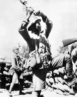 Chinese soldier wearing a German helmet throwing a M24-style grenade