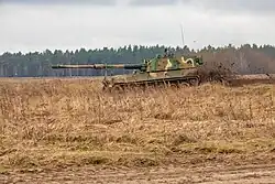 A Polish K9 howitzer maneuvers on the firing range for a live fire demonstration