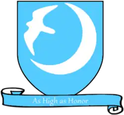 A coat of arms showing a white falcon flying out of a white moon on a sky blue field