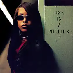 Aaliyah standing in front of a door containing the album's title