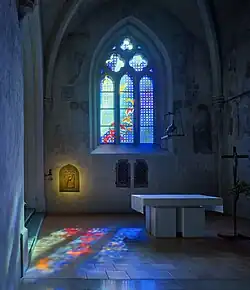 Stained glass window by Clarke for the 12th-century Cistercian Abbaye de la Fille-Dieu, Romont (1996)