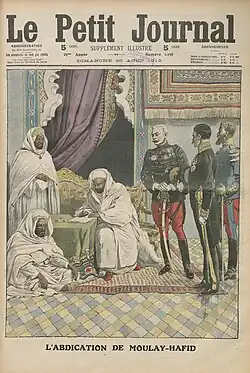An illustration of the abdication of Abd al-Hafid published in Le Petit Journal
