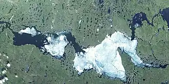 A satellite image of a lake