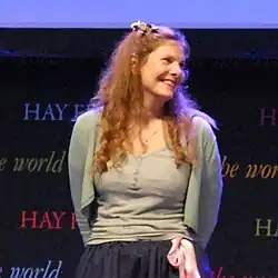 Longstaff being introduced at the Hay Festival in 2017