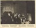 Five women seated around a fireplace. A prie-dieu is visible.