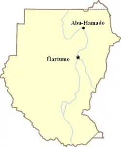 Map of the Abu-Hamado region with region extent shown in yellow and path of the Nile in blue.