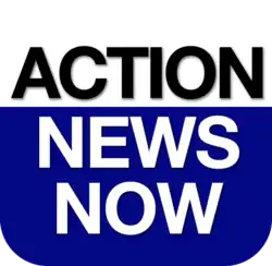 A rounded square divided from top into white and blue portions. On the white portion, the word "ACTION" in black in a sans serif. On the blue portion, which is larger, the words "NEWS" and "NOW" on separate lines in white in the same typeface.