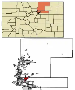 Location within Adams and Weld counties, Colorado