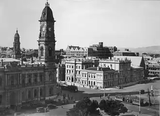 Looking north-east from Victoria Square with the GPO and Treasury buildings in the foreground in 1950