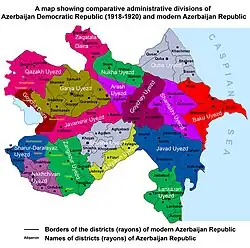 A map showing comparative administrative divisions of the Azerbaijan Democratic Republic (1918–20) compared to modern Azerbaijan Republic[d]