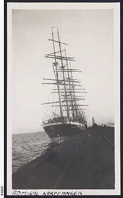 The barque Admiral Karpfanger at Port Germein jetty in South Australia.