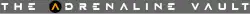 The text "The Adrenaline Vault" on a dim gray background, in all-caps and all white except for the first "A", which is orange and enclosed in a black circle. The "A"s are stylized to look like capital lambdas (Λ), and the "E"s resemble capital xis (Ξ).