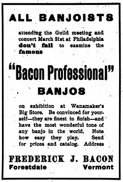 Advertisement, Bacon Professional Banjos, Cadenza Magazine, March 1907, p.&nbsp;56
