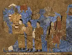 Afrasyab Chinese Embassy (left), carrying silk and a string of silkworm cocoons, and Turkish delegates (right), recognizable by their long plaits.[17][19]