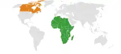 Map indicating locations of Africa and Canada