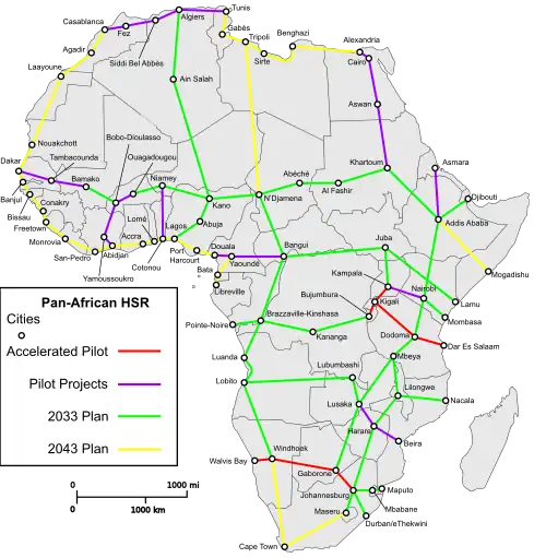Color-coded map of proposed African rail lines