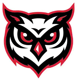 A red, white, and black owl, with menacing eyes