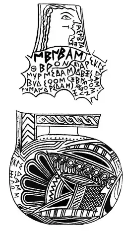 Line drawing of an ancient Greek pot: on the rear of the handle, a woman's face, with a prominent nose and long hair, can be seen.