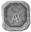 A black and white image shows a wax seal consisting of an octagon with a crown and the letters ALB inside it.