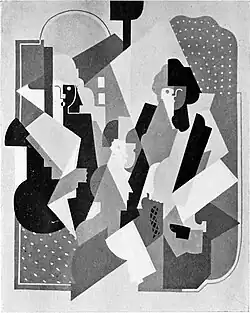 Albert Gleizes, c.1920, Figures planes (Trois personnages assis), dimensions approximately 126 x 100&nbsp;cm, location unknown. Exhibited Der Sturm, Berlin, 1921 (no. 927) and reproduced in Gleizes 1927, p.&nbsp;97.