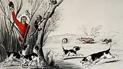 An illustration of four hounds chasing rabbits and cats as their owner calls from behind heavy foliage. A white horse stands behind the owner.