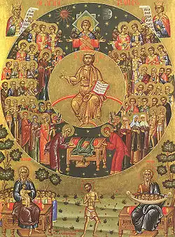 Icon depicting Christ Enthroned surrounded by various saints