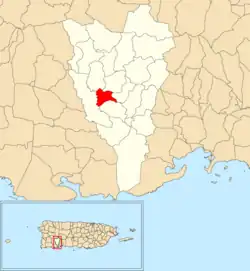 Location of Almácigo Alto within the municipality of Yauco shown in red