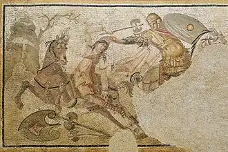 Mosaic of Amazon warrior engaged in combat with a hippeus, 4th century AD, Louvre