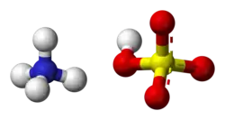 Ball-and-stick model of an ammonium cation (left) and a bisulfite anion (right)