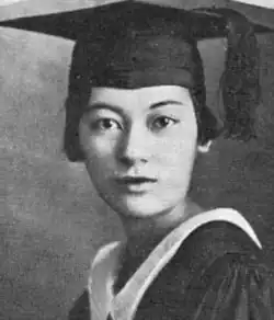A young Asian woman wearing a mortarboard cap