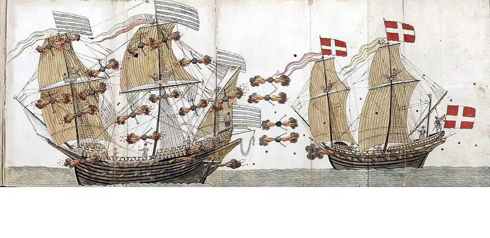 Striden mellan de danska och svenska amiralsfartygen Jägaren (eller Jägmästaren) och Sankt Erik, tecknad av den danske tygmästaren Rudolf van Deventer.