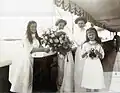 The OTMA sisters on Olga's name day (July 24, 1912) aboard the Standart. Anastasia is using a Kodak Brownie no. 2 and all the sisters were known to take thousands of photos every year (notice the swastika on Anastasia's buckle of her belt).