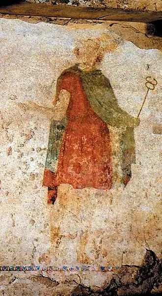 Fresco from the Tomb of Judgment in ancient Mieza (modern-day Lefkadia), Imathia, Central Macedonia, Greece, depicting religious imagery of the afterlife, 4th century BC
