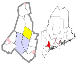 Location of Greene (in yellow) in Androscoggin County and the state of Maine