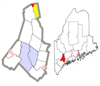 Location of Livermore Falls (in yellow) in Androscoggin County and the state of Maine